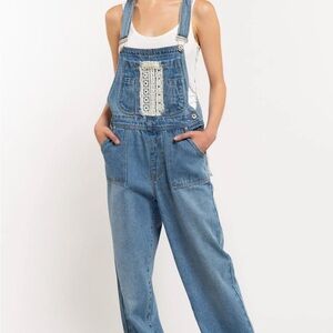 POL Boho Western Cotton Denim Lace Applique Overalls Relaxed Fit S